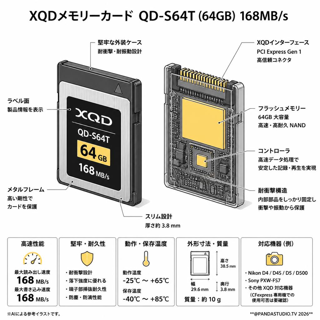 XQDメモリーカードQD-S64T(64GB) 168MB/s スペック