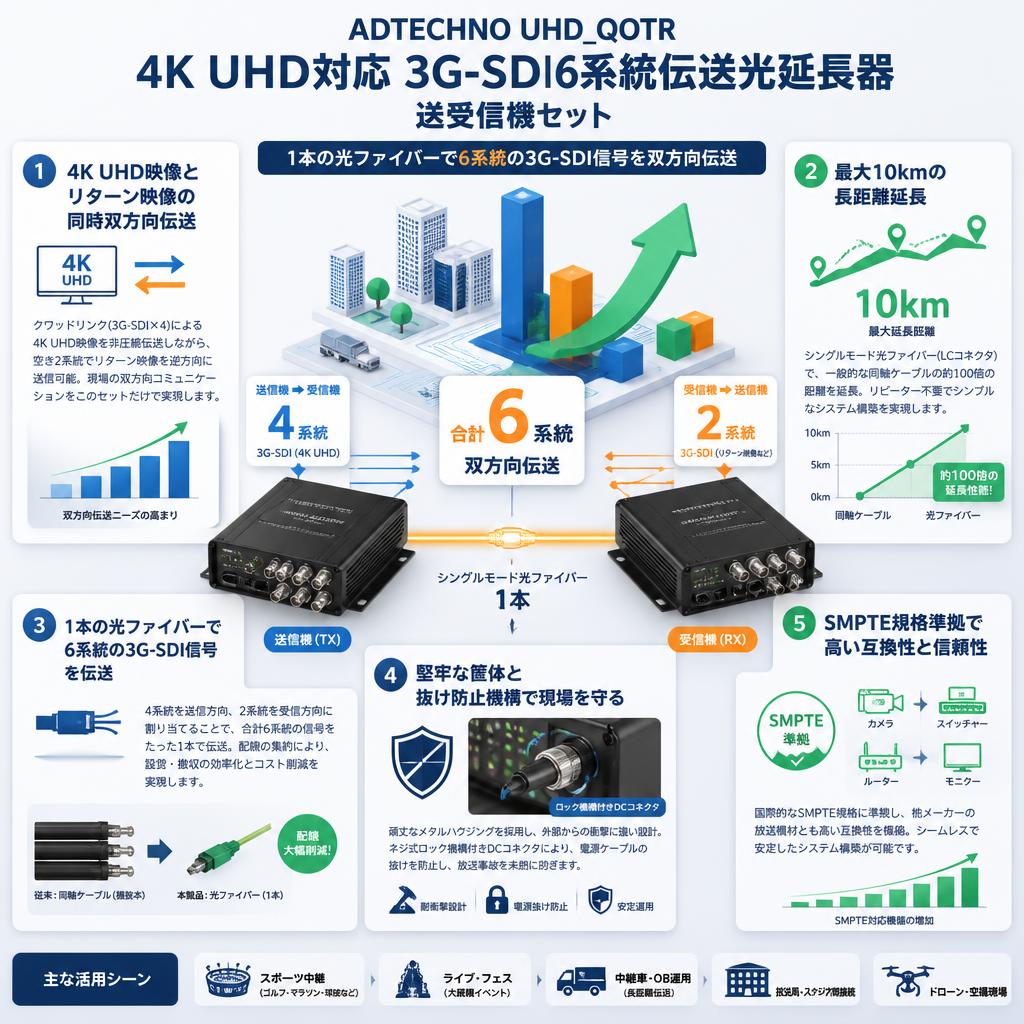 ADTECHNO UHD_QOTR 4K UHD対応3G-SDI6系統伝送光延長器 送受信機セット セールスポイント