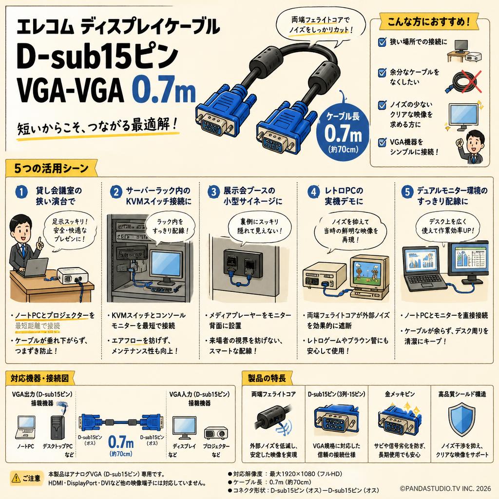 エレコム ディスプレイケーブル D-sub15ピン VGA-VGA 0.7m 用途