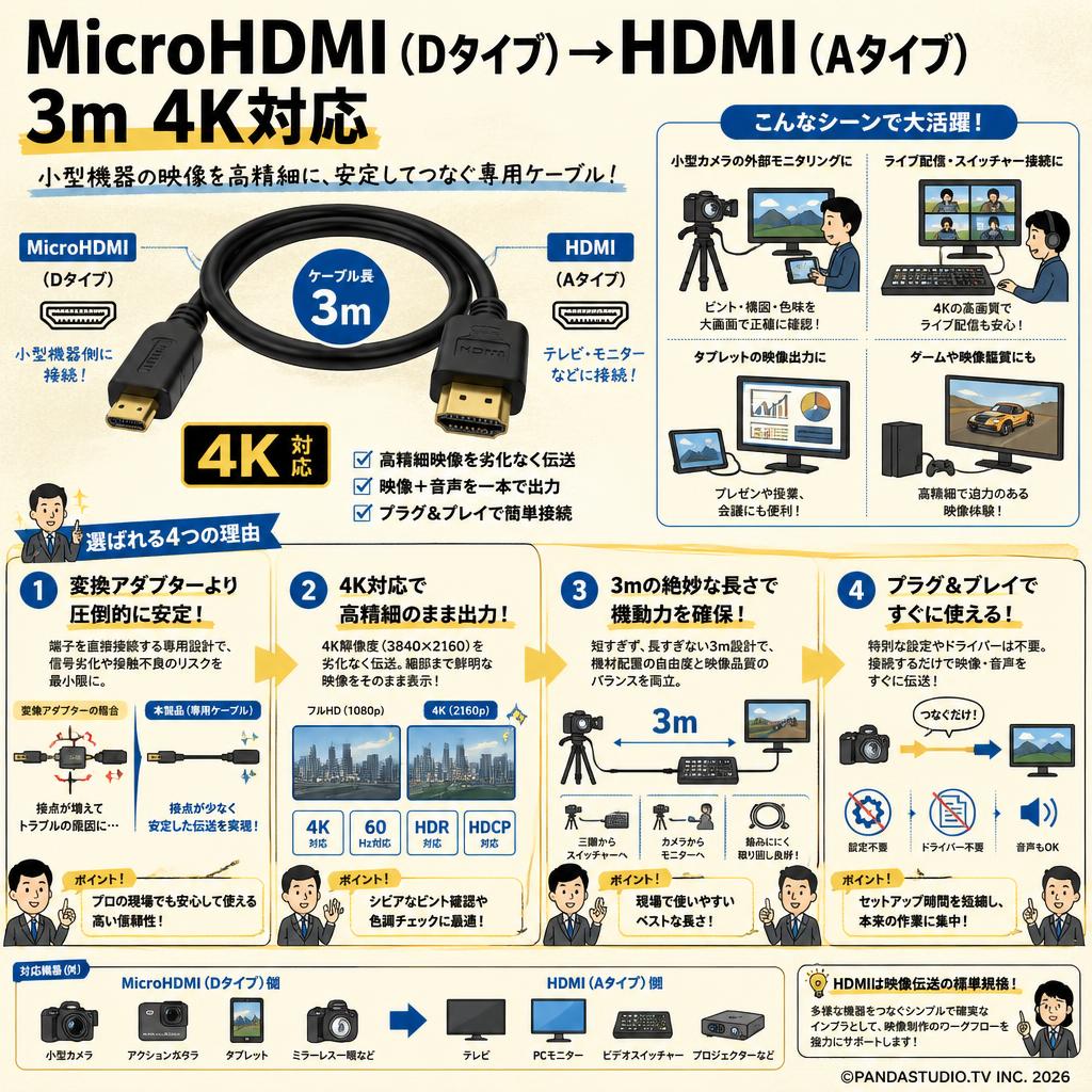 MicroHDMI（Dタイプ）→HDMI（Aタイプ） 3m 4K対応 概要