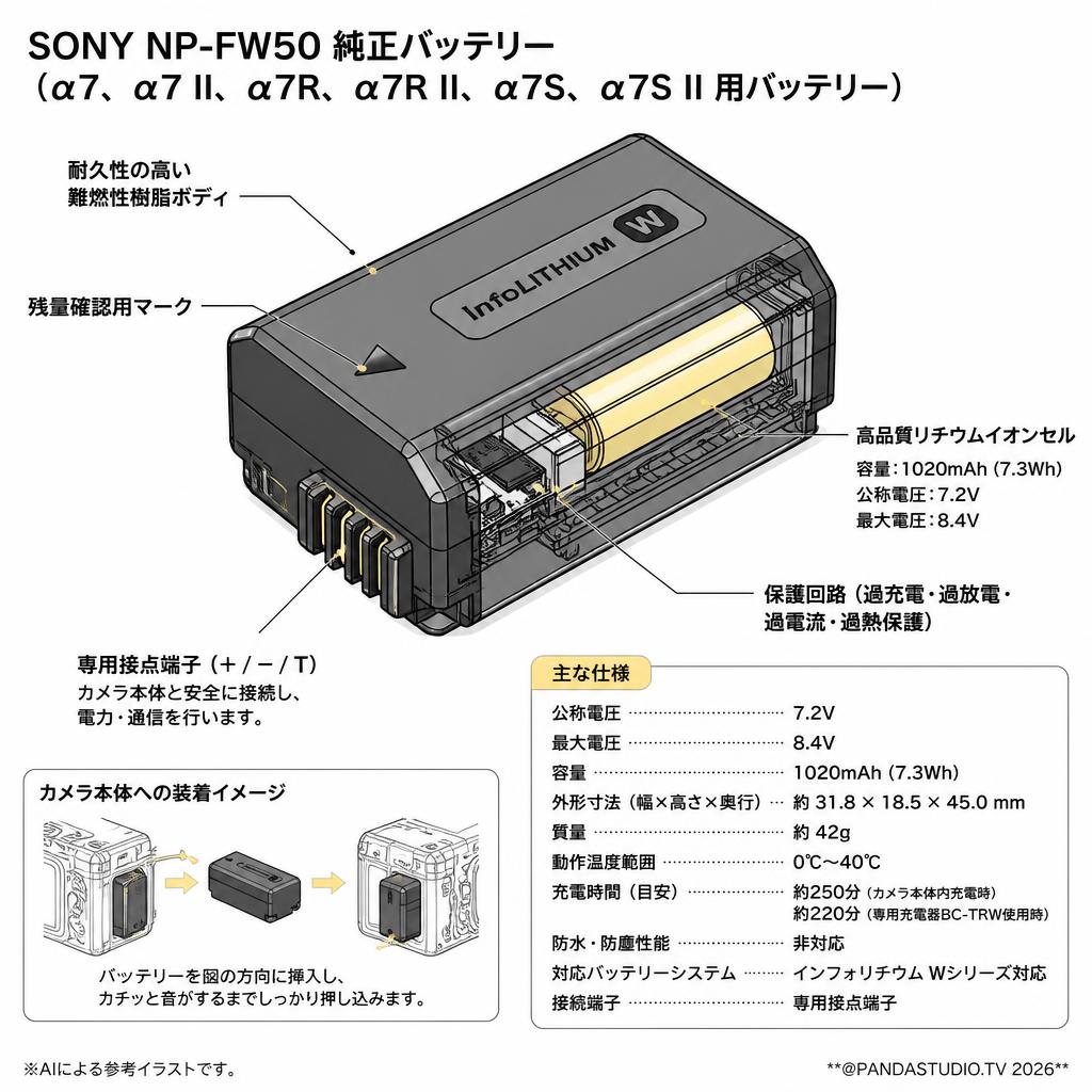 SONY NP-FW50 純正バッテリー（α7、α7 II、α7R、α7R II、α7S、α7S II 用バッテリー） スペック