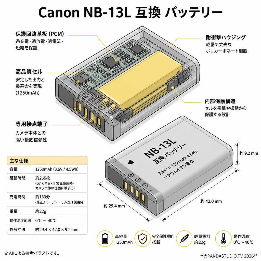 Canon NB-13L 互換 バッテリー スペック