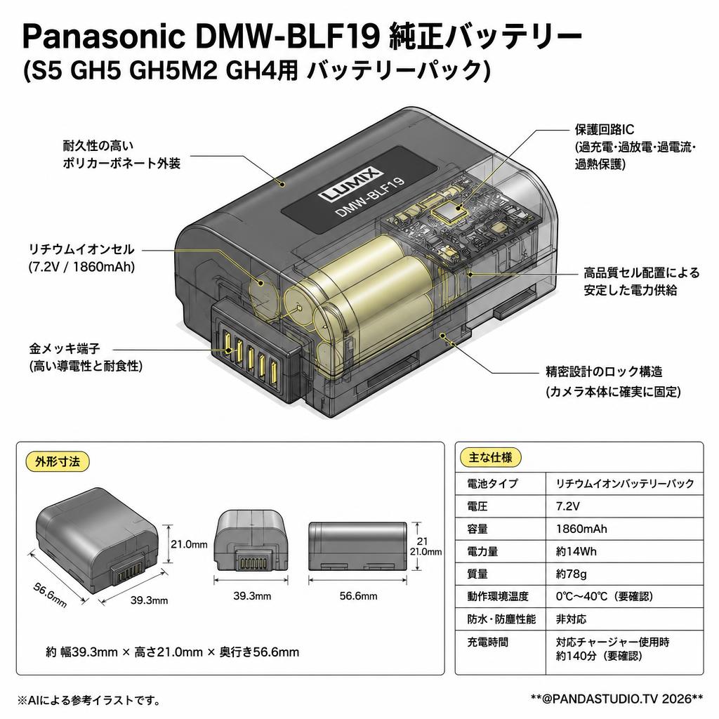 Panasonic DMW-BLF19 純正バッテリー (S5 GH5 GH5M2 GH4用 バッテリーパック) スペック