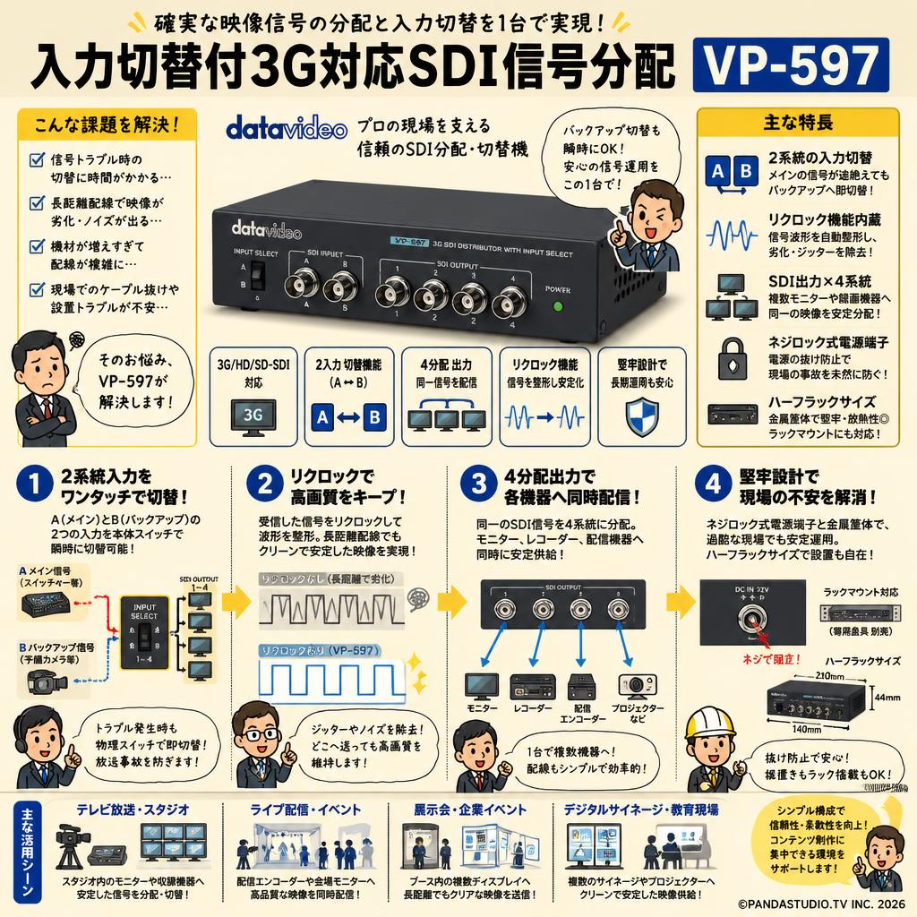 datavideo 入力切替付3G対応SDI信号分配 VP-597 概要