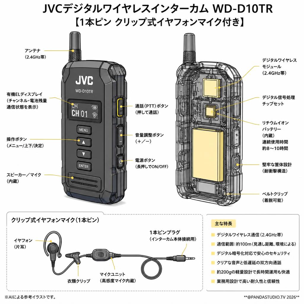 JVCデジタルワイヤレスインターカム WD-D10TR【1本ピン クリップ式イヤフォンマイク付き】 スペック