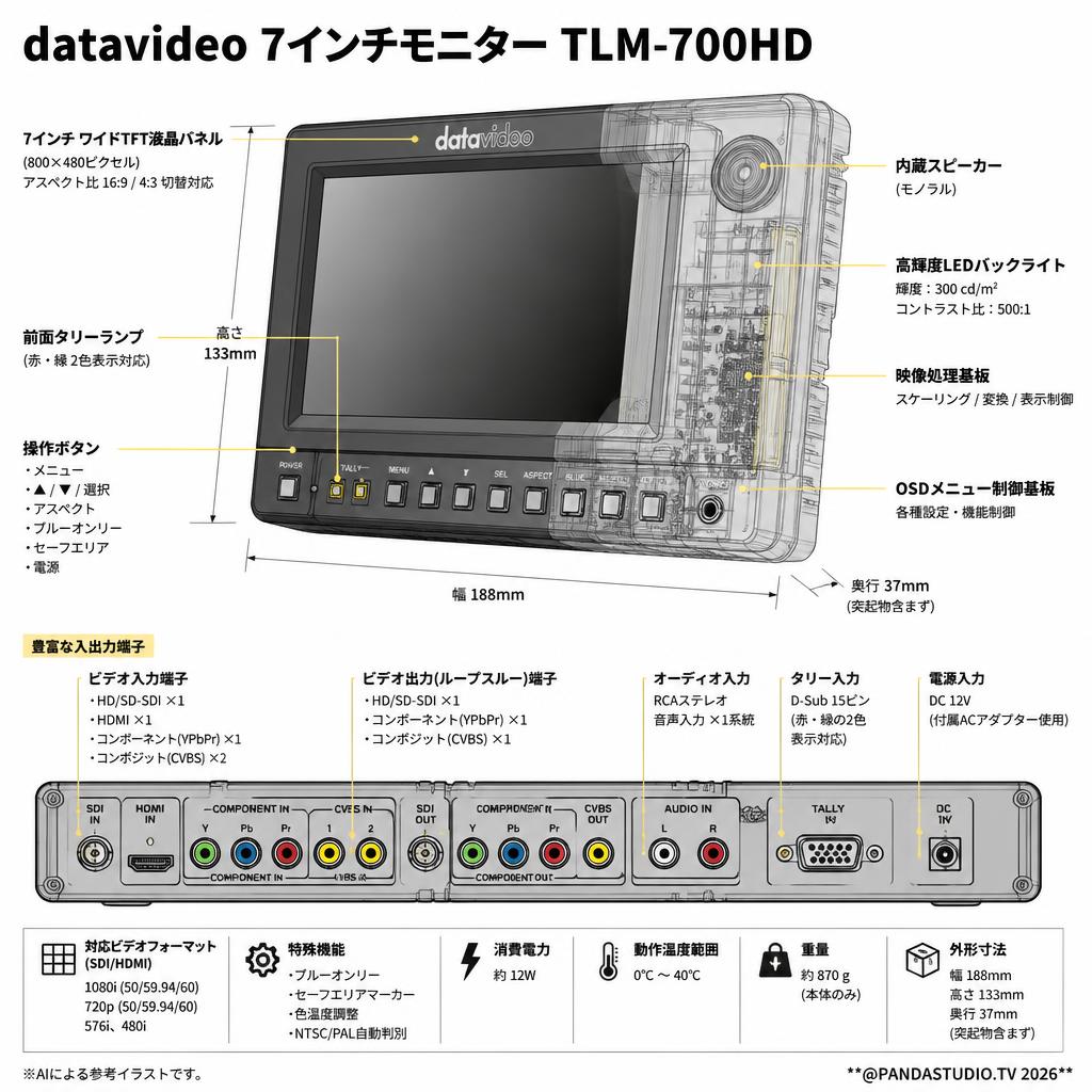 datavideo 7インチモニターTLM-700HD スペック