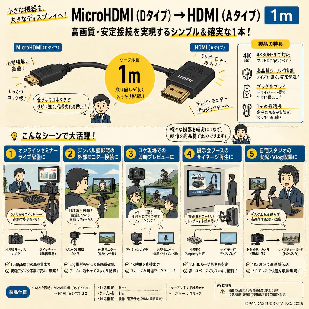 MicroHDMI（Dタイプ）→HDMI（Aタイプ） 1m 用途