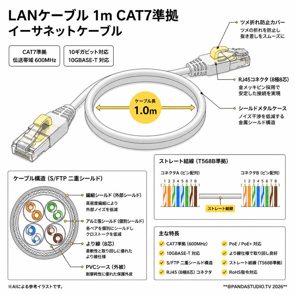 LANケーブル1m CAT7準拠 イーサネットケーブル スペック