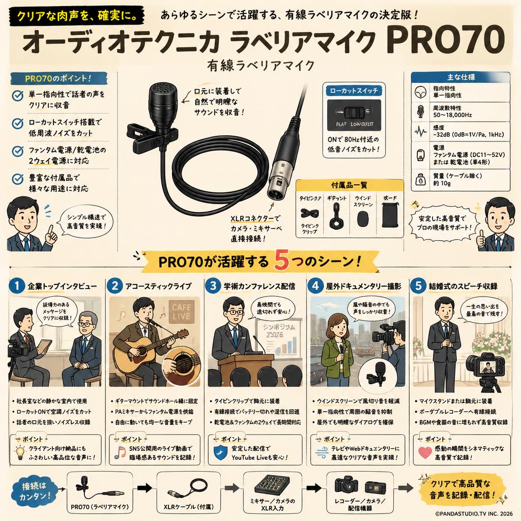 audio technica ラベリアマイク PRO70　有線ラベリアマイク 用途