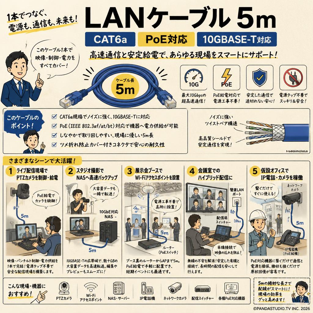 LANケーブル 5m CAT6a PoE 10GBASE-T対応 用途