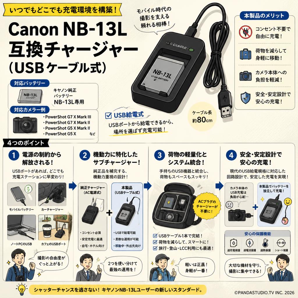 Canon NB-13L 互換チャージャー（USBケーブル式） 概要