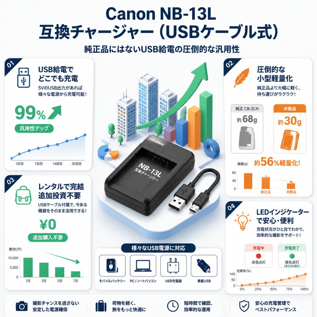 Canon NB-13L 互換チャージャー（USBケーブル式） セールスポイント