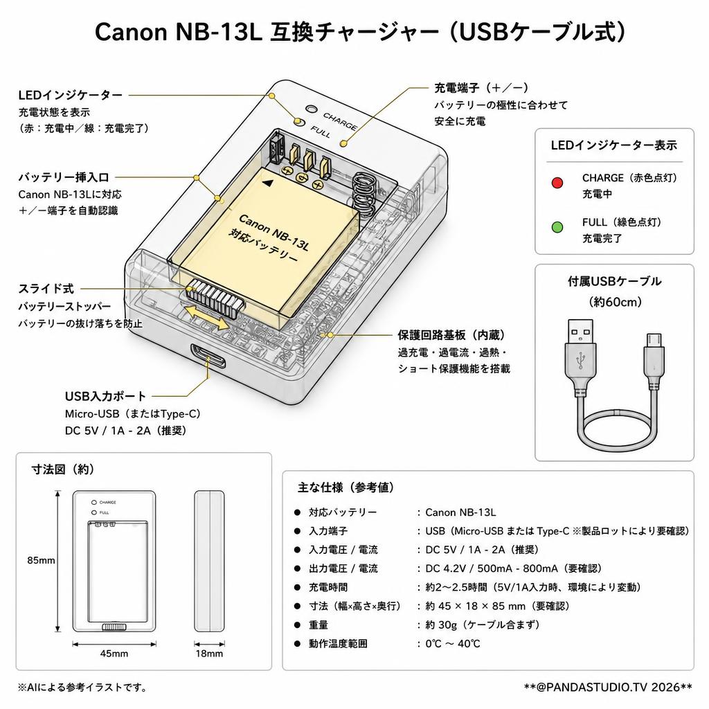 Canon NB-13L 互換チャージャー（USBケーブル式） スペック