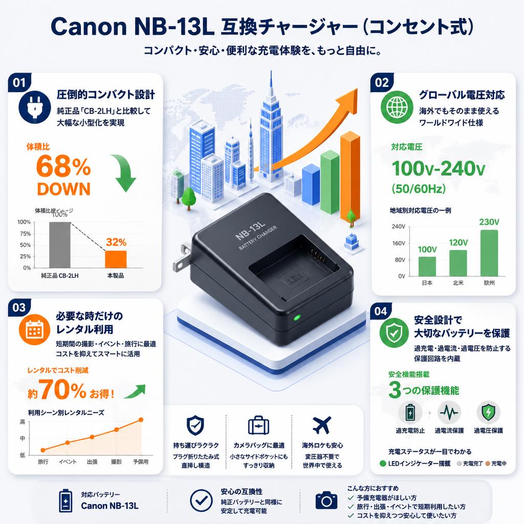 Canon NB-13L 互換チャージャー（コンセント式） セールスポイント