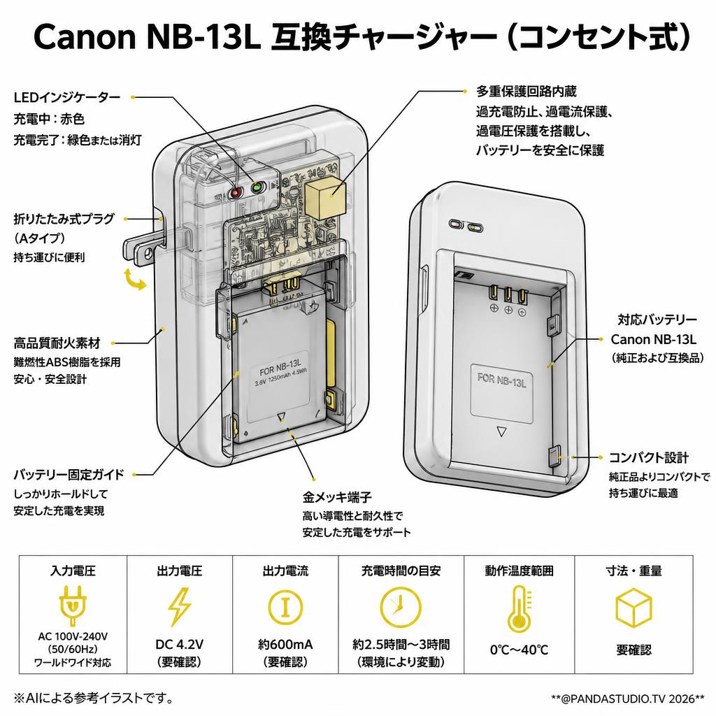 Canon NB-13L 互換チャージャー（コンセント式） スペック