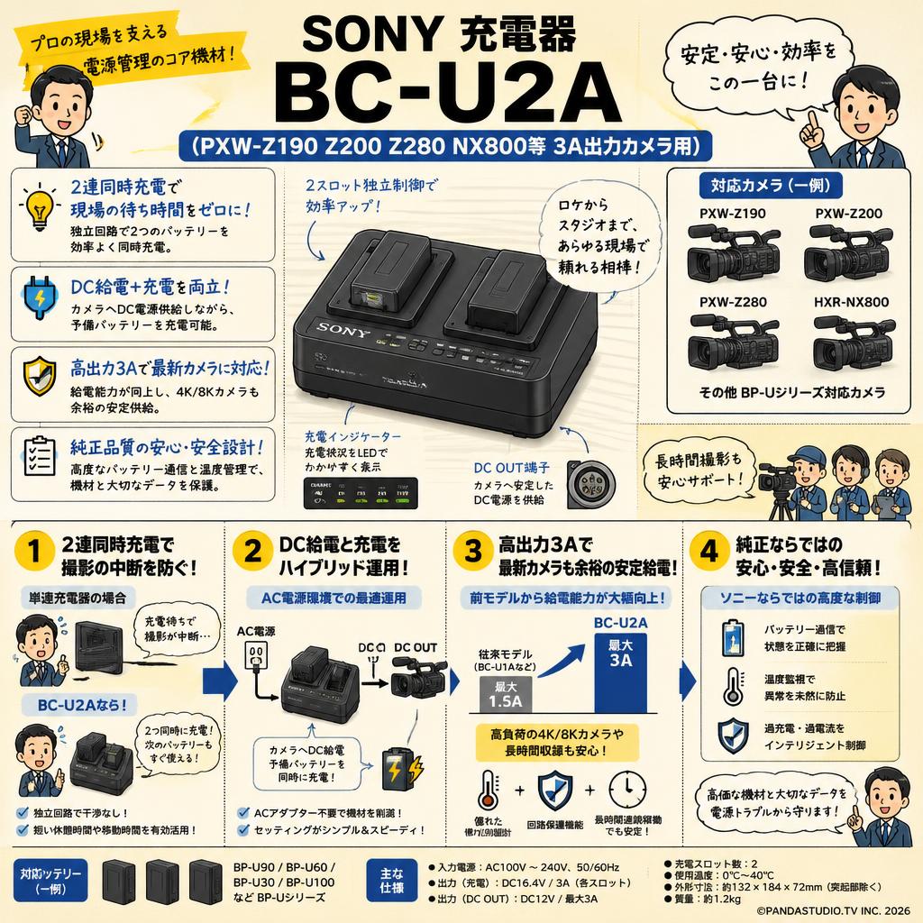 SONY 充電器 BC-U2A(PXW-Z190 Z200 Z280 NX800等3A出力カメラ用) 概要