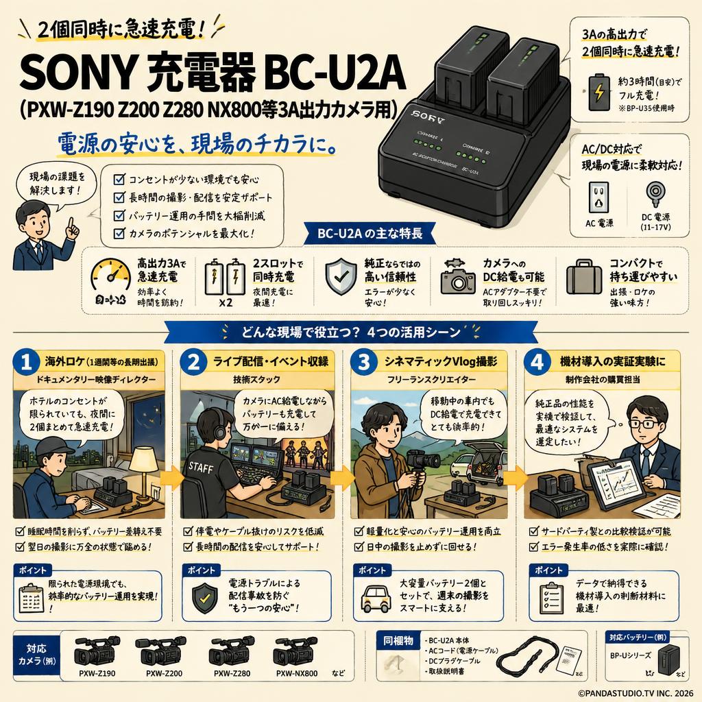 SONY 充電器 BC-U2A(PXW-Z190 Z200 Z280 NX800等3A出力カメラ用) おもな対象のお客様
