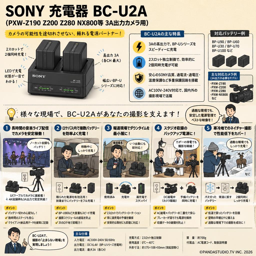 SONY 充電器 BC-U2A(PXW-Z190 Z200 Z280 NX800等3A出力カメラ用) 用途