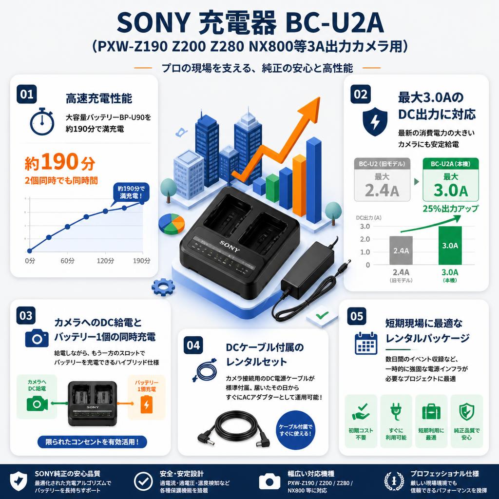 SONY 充電器 BC-U2A(PXW-Z190 Z200 Z280 NX800等3A出力カメラ用) セールスポイント