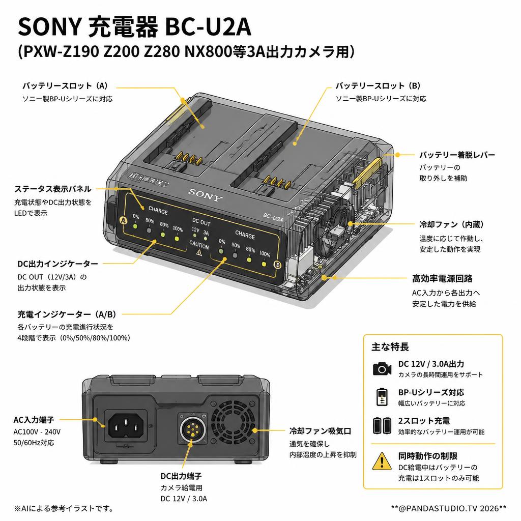 SONY 充電器 BC-U2A(PXW-Z190 Z200 Z280 NX800等3A出力カメラ用) スペック