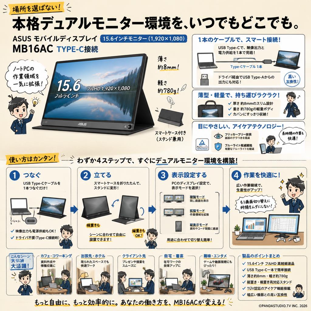 ASUS モバイルディスプレイ 15.6インチモニター(1,920×1,080) MB16AC TYPEｰC接続 概要
