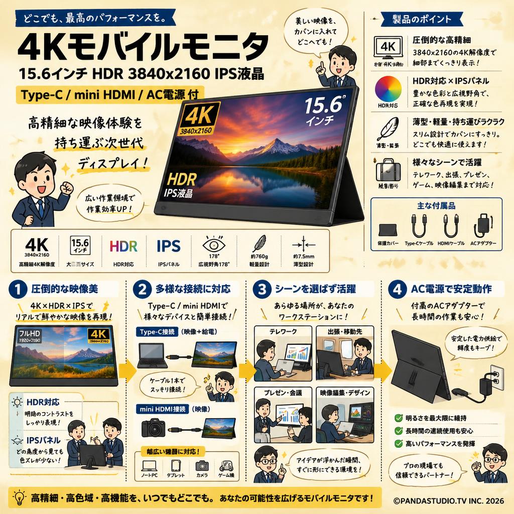 4Kモバイルモニタ 15.6インチHDR 3840x2160 IPS液晶  Type-C/mini HDMI AC電源 付 概要