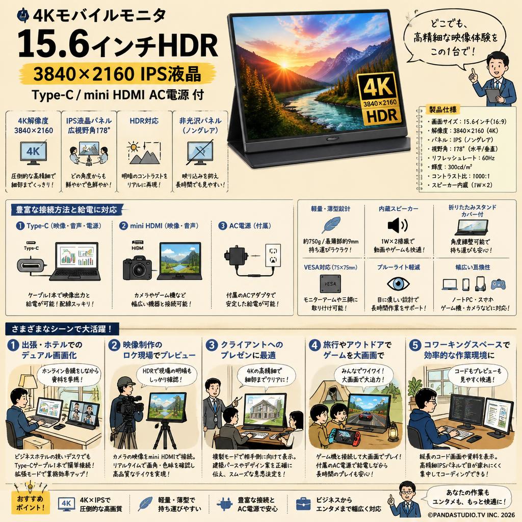 4Kモバイルモニタ 15.6インチHDR 3840x2160 IPS液晶  Type-C/mini HDMI AC電源 付 用途