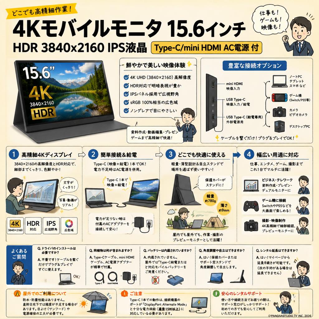 4Kモバイルモニタ 15.6インチHDR 3840x2160 IPS液晶  Type-C/mini HDMI AC電源 付 FAQ（よくある質問と答え）