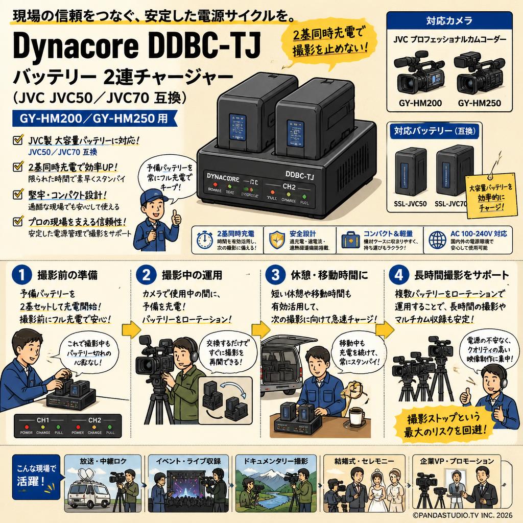 Dynacore DDBC-TJ バッテリー 2連チャージャー（JVC JVC50／JVC70 互換）GY-HM200／GY-HM250 用 概要