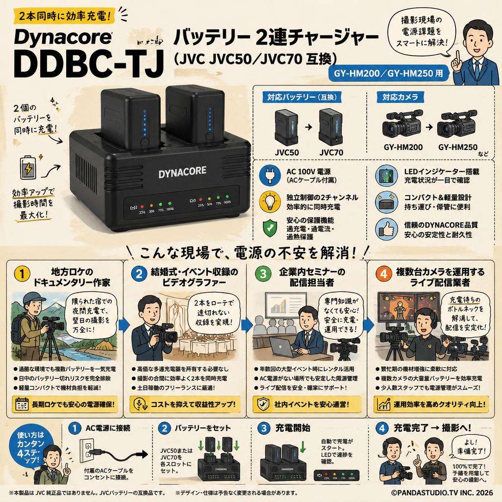 Dynacore DDBC-TJ バッテリー 2連チャージャー（JVC JVC50／JVC70 互換）GY-HM200／GY-HM250 用 おもな対象のお客様