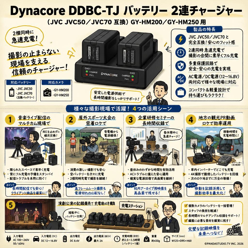 Dynacore DDBC-TJ バッテリー 2連チャージャー（JVC JVC50／JVC70 互換）GY-HM200／GY-HM250 用 用途