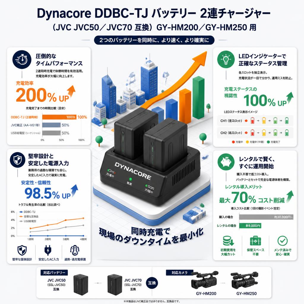 Dynacore DDBC-TJ バッテリー 2連チャージャー（JVC JVC50／JVC70 互換）GY-HM200／GY-HM250 用 セールスポイント