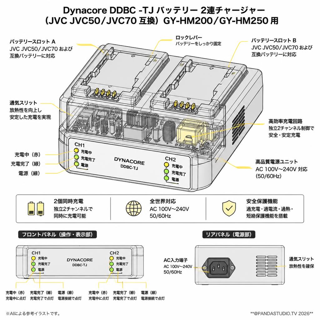 Dynacore DDBC-TJ バッテリー 2連チャージャー（JVC JVC50／JVC70 互換）GY-HM200／GY-HM250 用 スペック