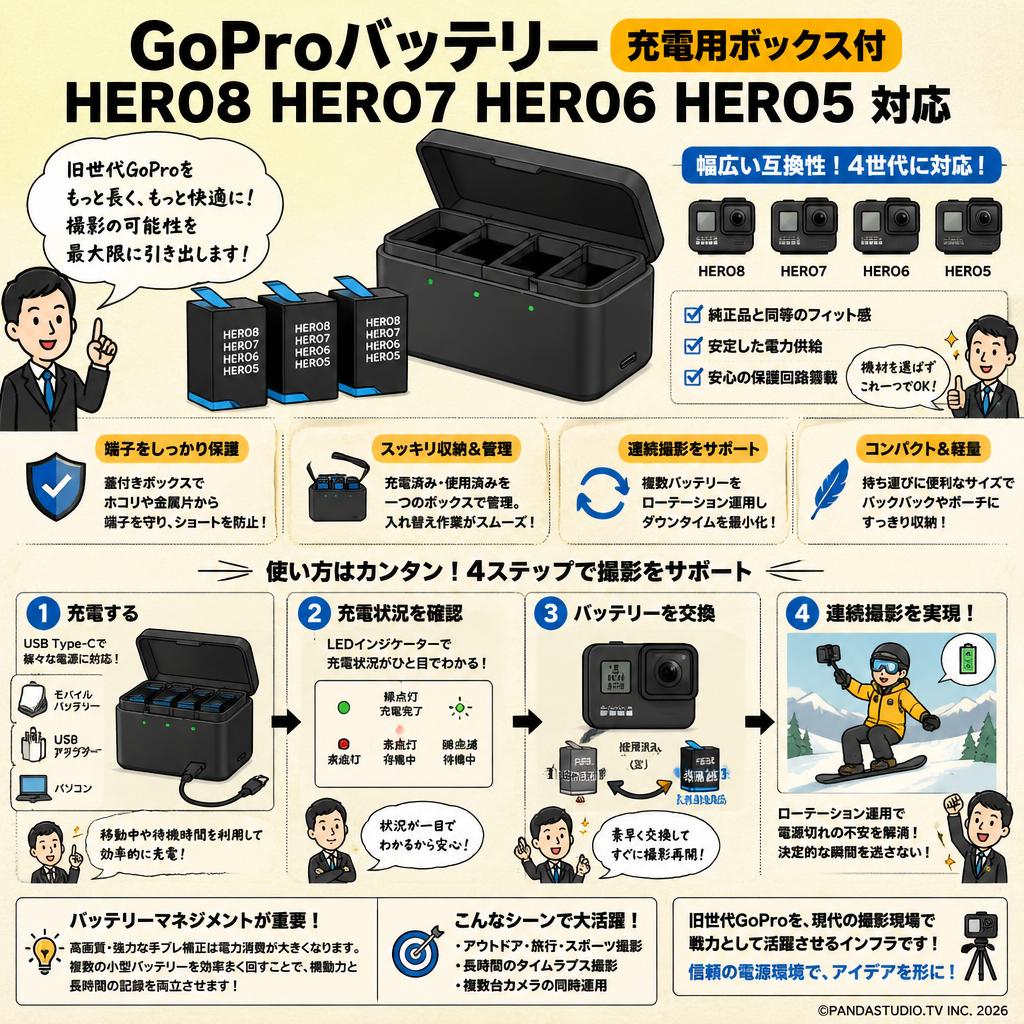 GoPro バッテリー HERO8 HERO7 HERO6 HERO5 充電用ボックス付 概要