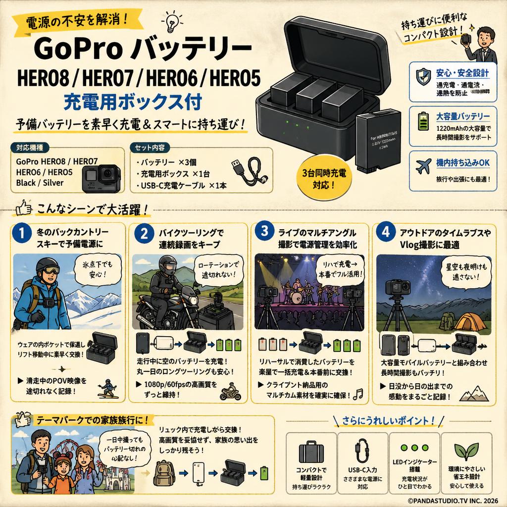 GoPro バッテリー HERO8 HERO7 HERO6 HERO5 充電用ボックス付 用途