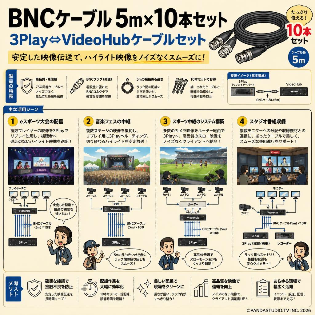 BNCケーブル 5m×10本セット：3Play⇔VideoHubケーブルセット 用途