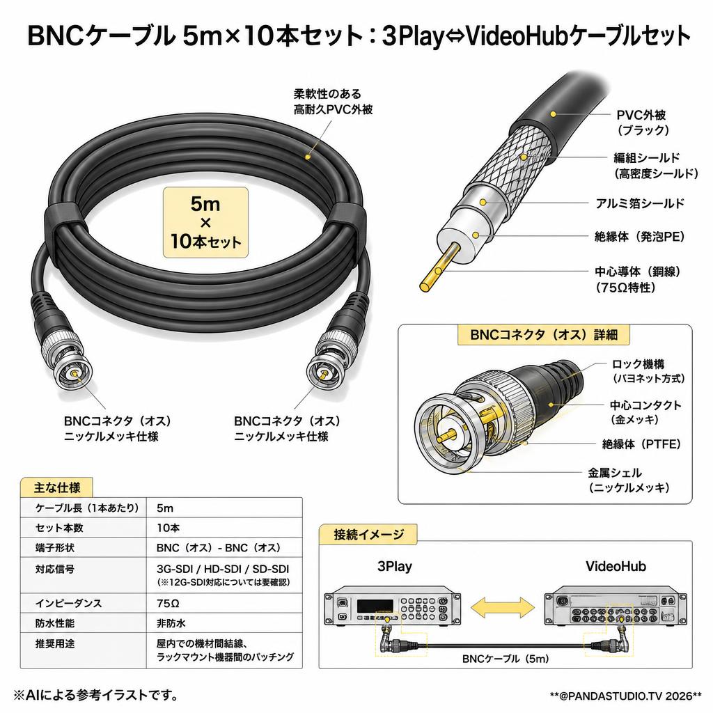 BNCケーブル 5m×10本セット：3Play⇔VideoHubケーブルセット スペック