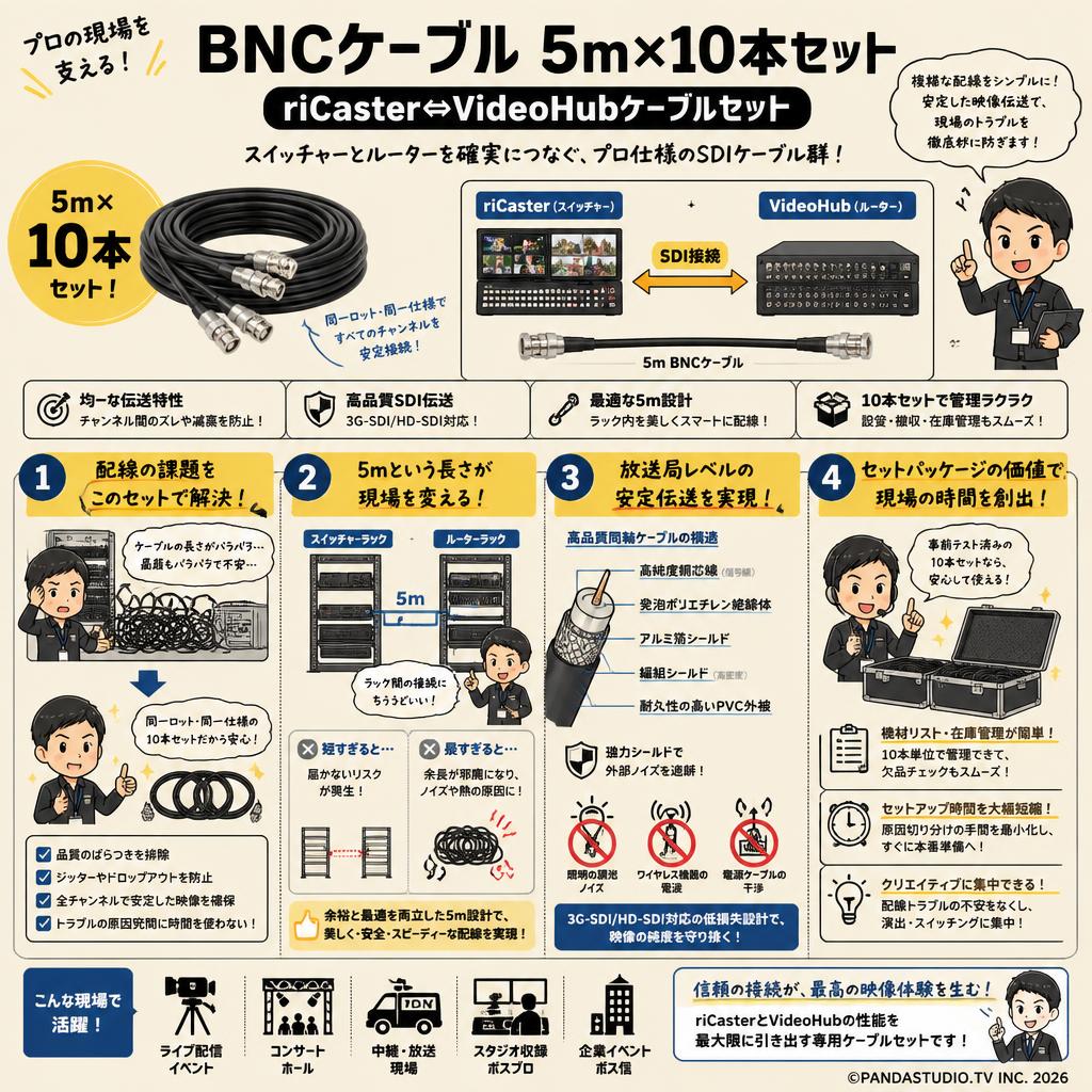 BNCケーブル 5m×10本セット：riCaster⇔VideoHubケーブルセット 概要