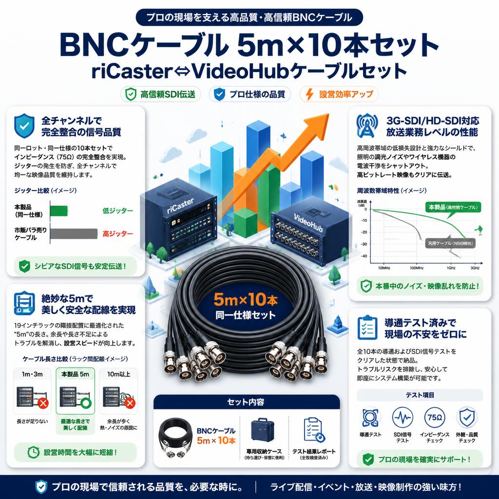 BNCケーブル 5m×10本セット：riCaster⇔VideoHubケーブルセット セールスポイント