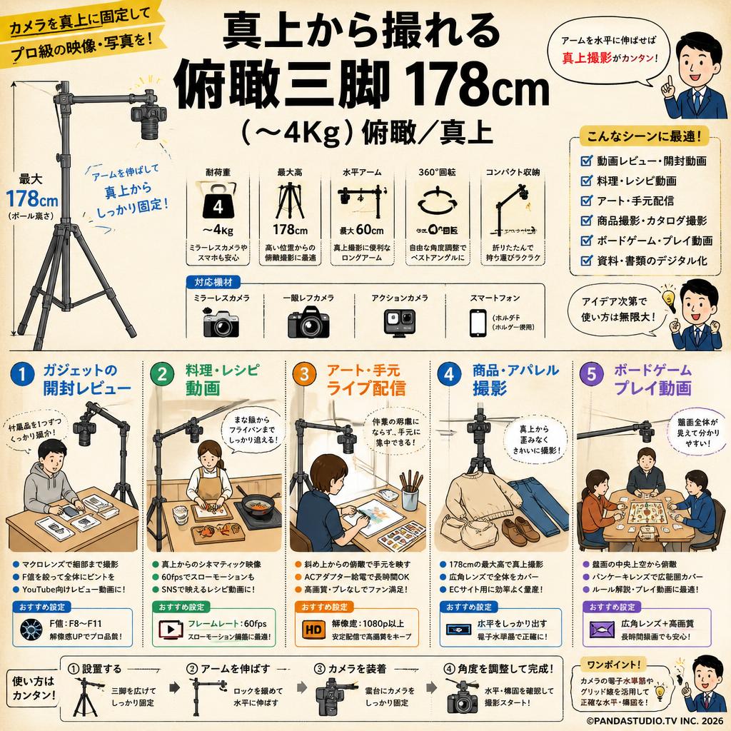真上から撮れる俯瞰三脚 178cm（〜4Kg）俯瞰／真上 用途