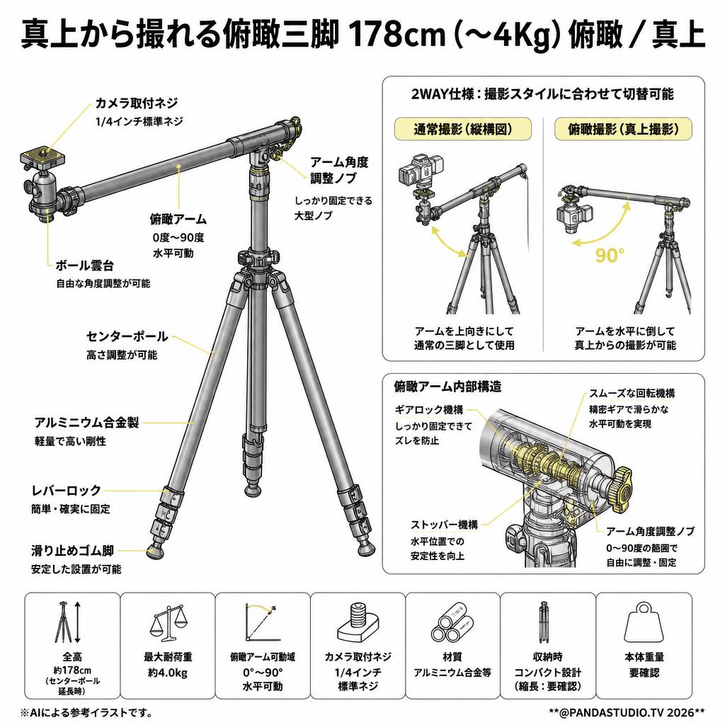 真上から撮れる俯瞰三脚 178cm（〜4Kg）俯瞰／真上 スペック