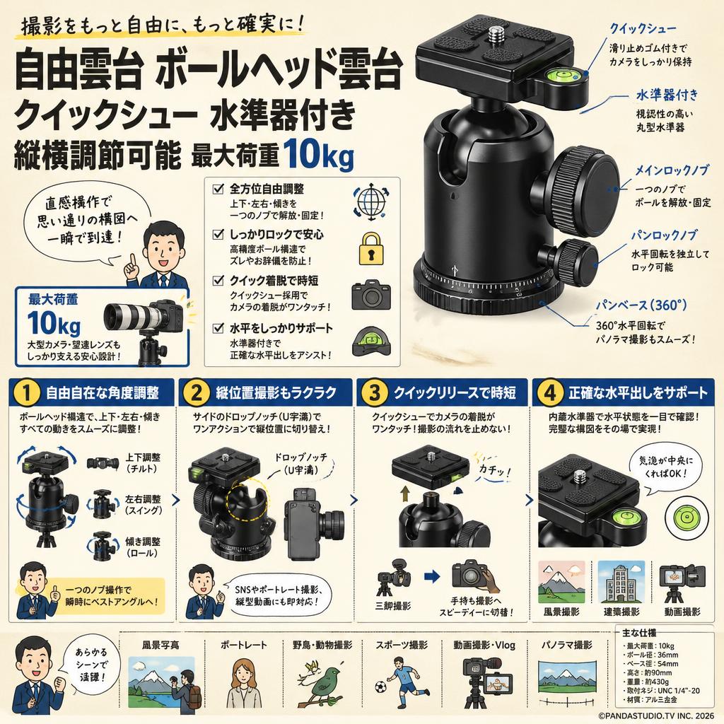 自由雲台 ボールヘッド雲台クイックシュー 水準器付き縦横調節可能 最大荷重10kg 概要