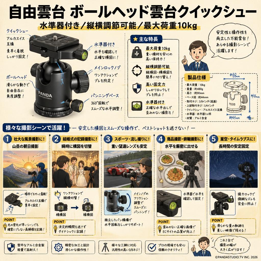 自由雲台 ボールヘッド雲台クイックシュー 水準器付き縦横調節可能 最大荷重10kg 用途