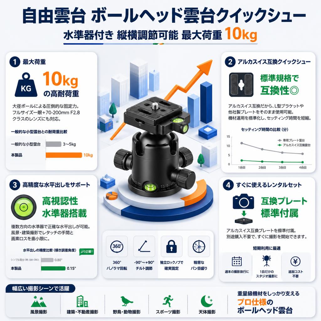 自由雲台 ボールヘッド雲台クイックシュー 水準器付き縦横調節可能 最大荷重10kg セールスポイント