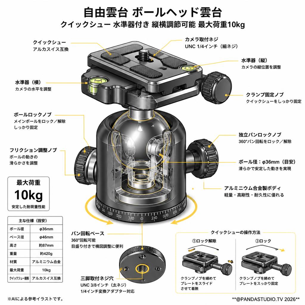 自由雲台 ボールヘッド雲台クイックシュー 水準器付き縦横調節可能 最大荷重10kg スペック