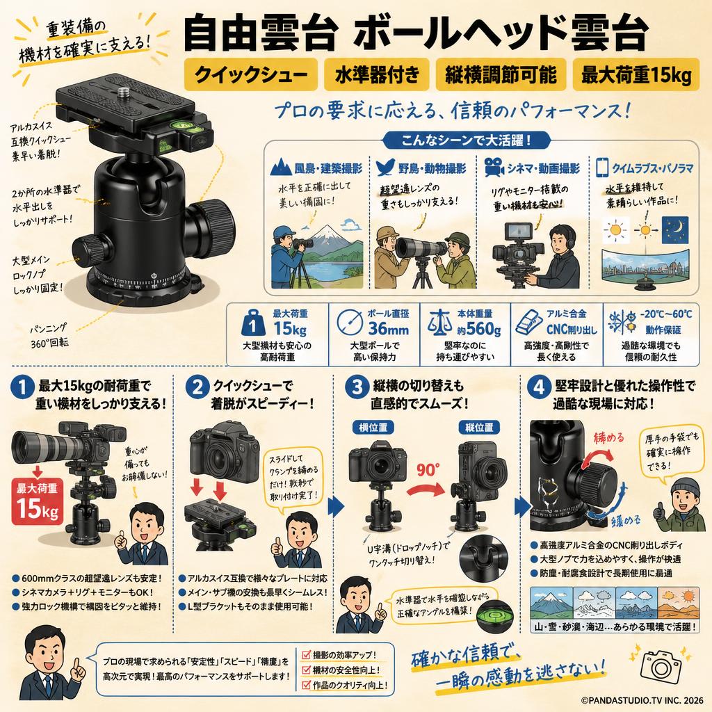 自由雲台 ボールヘッド雲台クイックシュー 水準器付き縦横調節可能 最大荷重15kg 概要