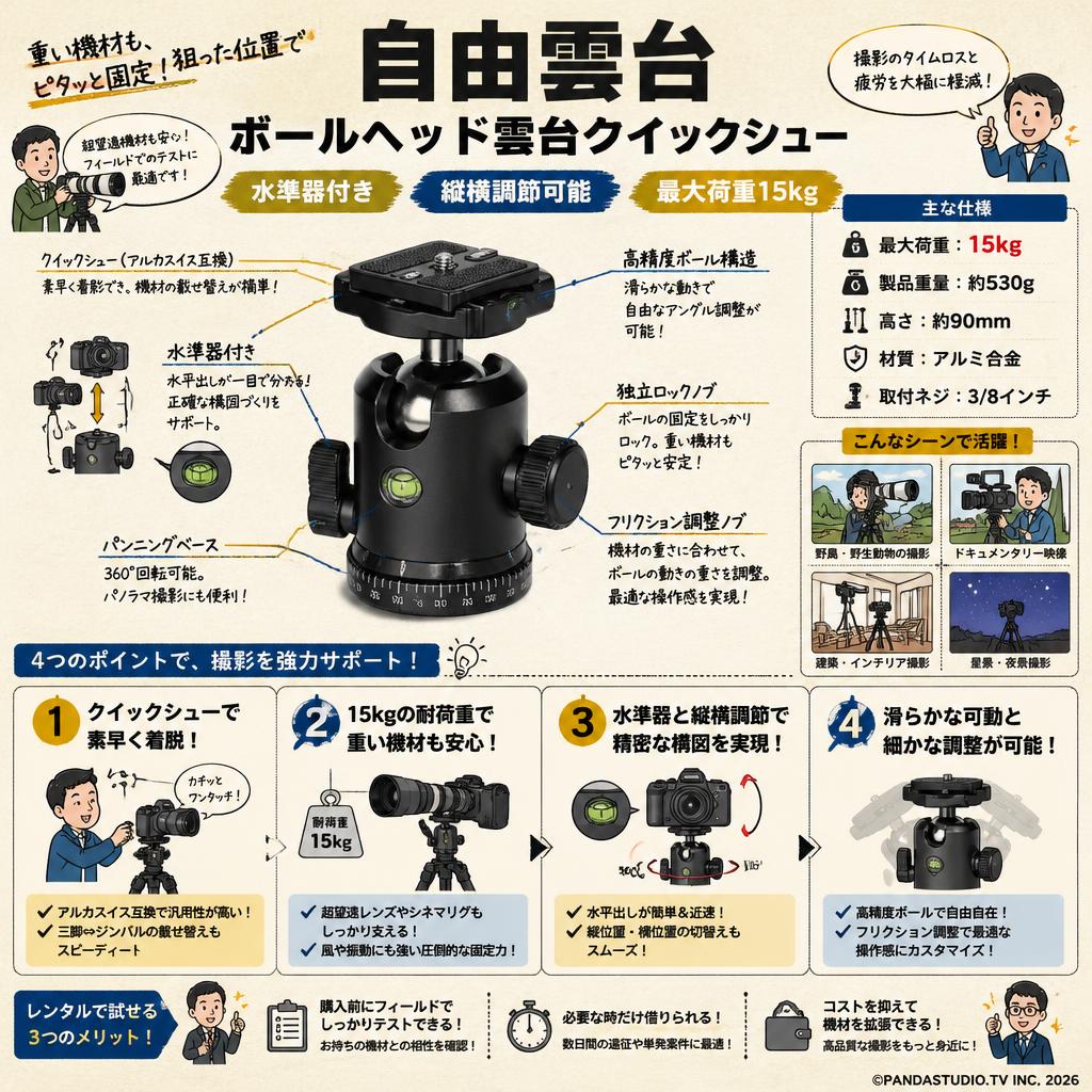 自由雲台 ボールヘッド雲台クイックシュー 水準器付き縦横調節可能 最大荷重15kg おもな対象のお客様