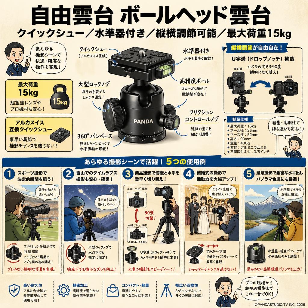 自由雲台 ボールヘッド雲台クイックシュー 水準器付き縦横調節可能 最大荷重15kg 用途