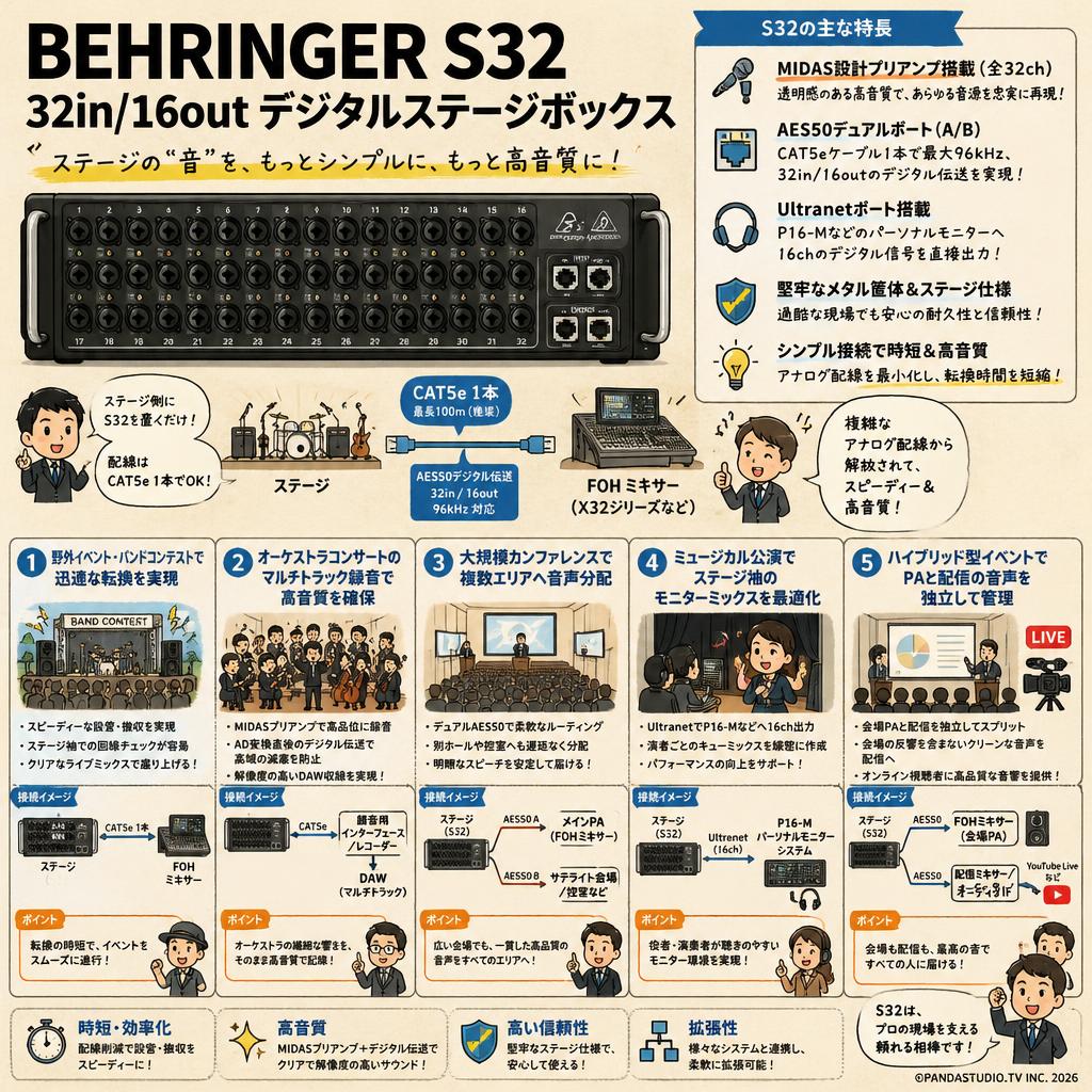 BEHRINGER S32 32in/16out デジタルステージボックス 用途