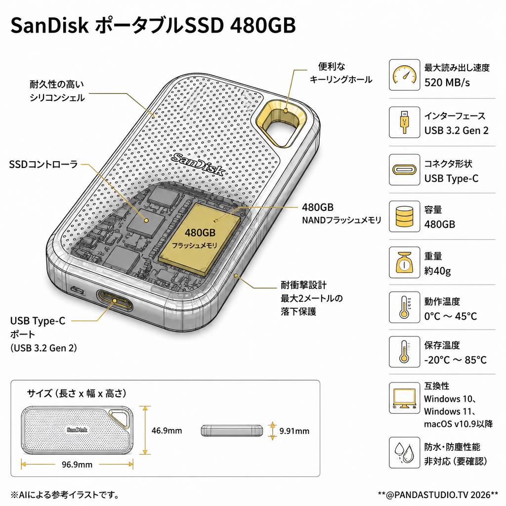 SanDisk ポータブルSSD 480GB (外付SSD) スペック